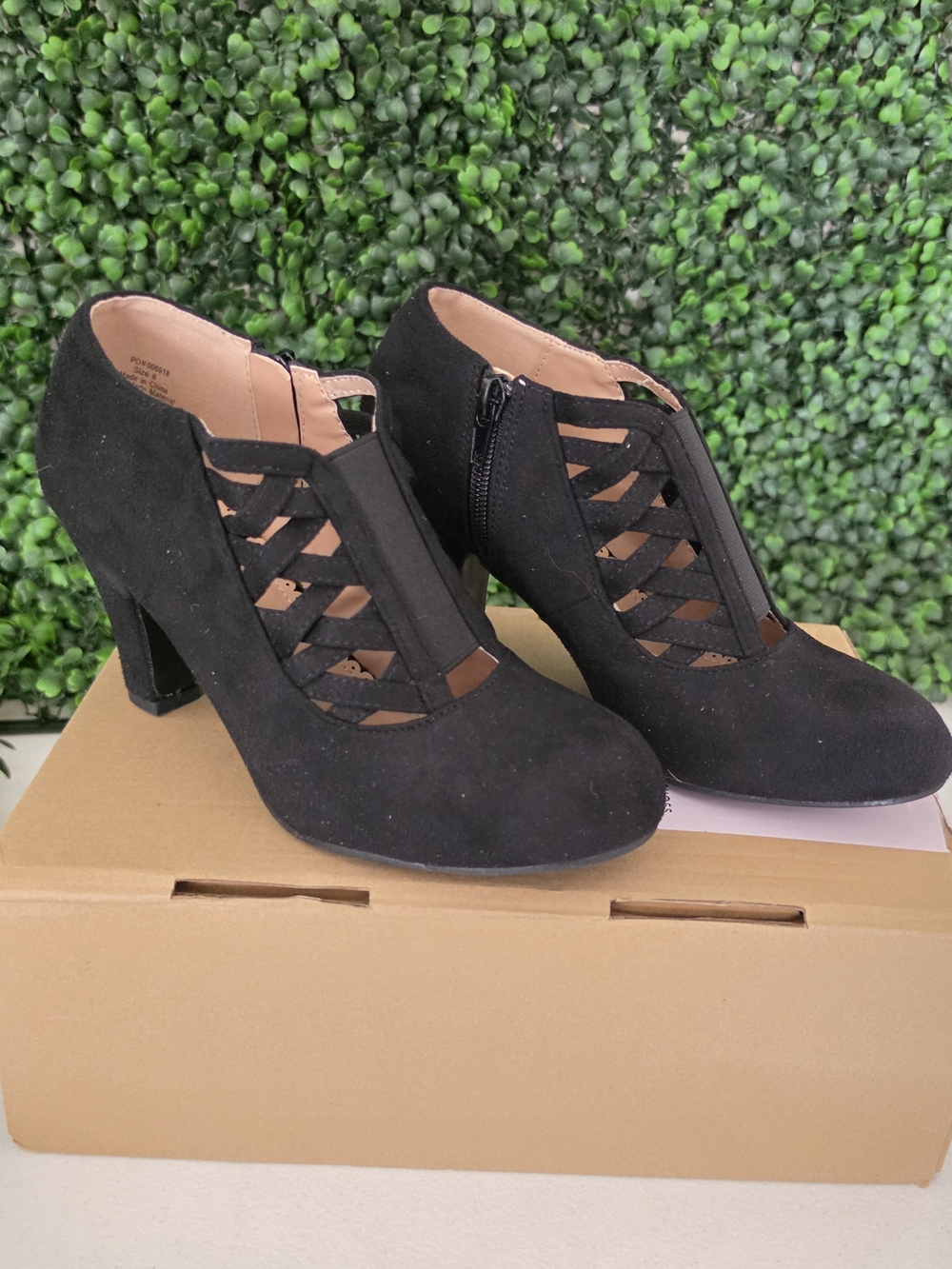Journee Collection Black Suede Lattice Cut High Heel Booties